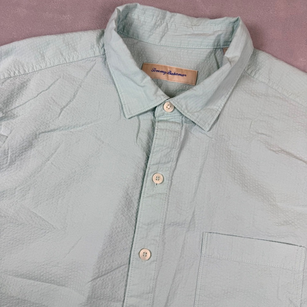 Tommy Bahama Button Up Shirt Aqua Blue Cotton Tencel Blend Mens XL Short Sleeve